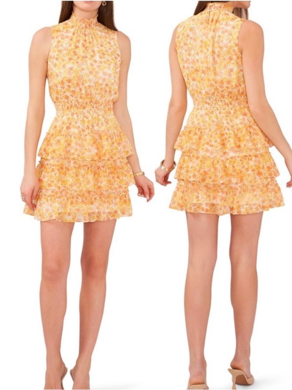 1. State Yellow Floral Ruffled Tiered Mini Dress